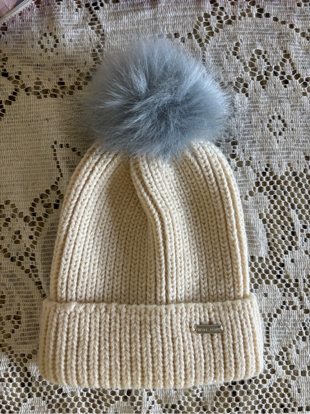 Steve Madden Cream Knit Beanie with Gray Faux-Fur Pom